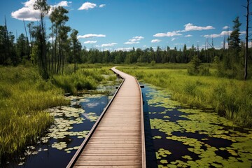 northern minnesota nature preserve: a serene summer day on the boardwalk trail through forests, bogs
