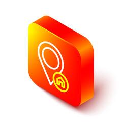 Poster - Isometric line Map pointer with house icon isolated on white background. Home location marker symbol. Orange square button. Vector