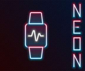 Poster - glowing neon line smart watch showing heart beat rate icon isolated on black background. fitness app