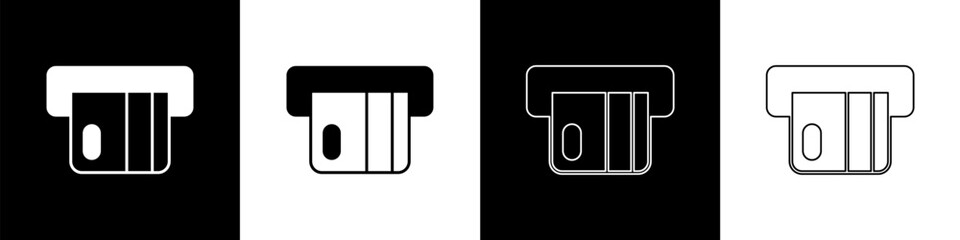 Poster - Set Credit card inserted in card reader icon isolated on black and white background. ATM cash machine. Vector
