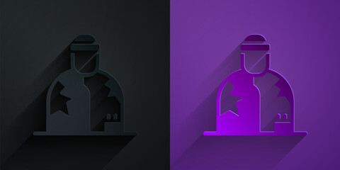 Poster - Paper cut Homeless icon isolated on black on purple background. Homelessness problem. Paper art style. Vector