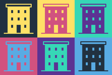 Poster - Pop art Multi storey building icon isolated on color background. Vector