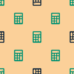 Poster - Green and black Calculator icon isolated seamless pattern on beige background. Accounting symbol. Business calculations mathematics education and finance. Vector