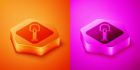 Poster - Isometric Shovel icon isolated on orange and pink background. Gardening tool. Tool for horticulture, agriculture, farming. Hexagon button. Vector