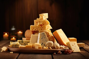 Wall Mural - Delicious pieces of different types of luxury cheese,  cheese wallpaper. Generative Ai.