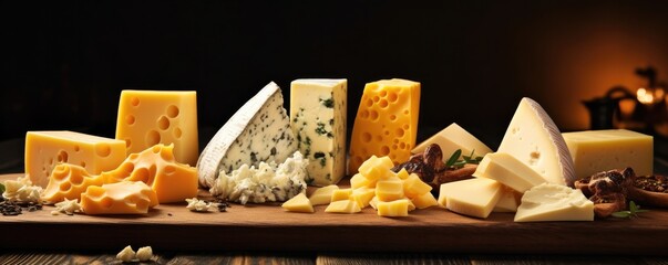 Wall Mural - Delicious pieces of different types of luxury cheese, panorama cheese wallpaper. Generative Ai.