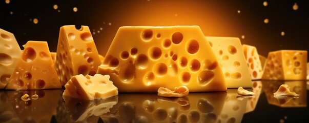 Wall Mural - Delicious pieces of luxury cheese with holes, flowing on dark panorama background. Generative Ai.