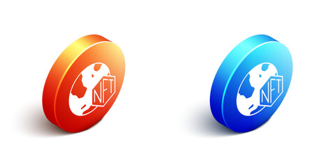 Poster - Isometric NFT Digital crypto art icon isolated on white background. Non fungible token. Orange and blue circle button. Vector
