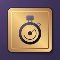 Poster - Purple Stopwatch icon isolated on purple background. Time timer sign. Chronometer sign. Gold square button. Vector