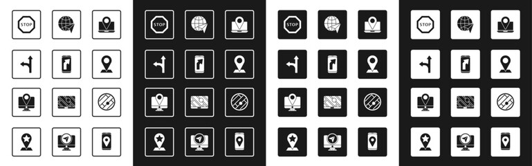Poster - Set Laptop with location marker, City map navigation, Road traffic sign, Stop, Location, Globe flying plane, Folded and Monitor icon. Vector