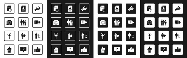 Poster - Set Hand for search a people, Users group, like, Resume, Team leader, of man in business suit and Search icon. Vector
