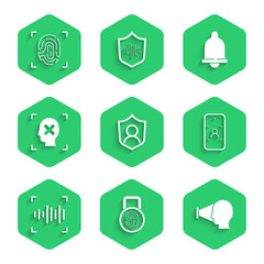Poster - Set User protection, Fingerprint with lock, Face recognition, Mobile and face, Voice, Rejection, Motion sensor and icon. Vector
