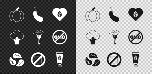 Wall Mural - Set Pumpkin, Eggplant, Vegan food diet, Leaf or leaves, Gluten free grain, Organic cosmetic, Broccoli and icon. Vector