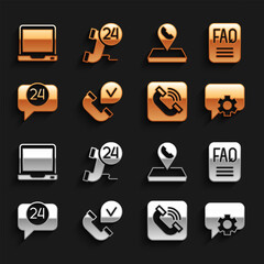 Poster - Set Telephone handset, FAQ information, 24 hours support, Call center location, Laptop and icon. Vector