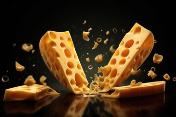 Wall Mural - Delicious pieces of luxury cheese with holes, flowing on dark  background. Generative Ai.