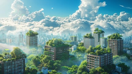 Sticker - A cityscape with green roofs and blockchain digital clouds above.