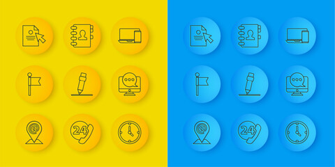 Poster - Set line Location and mail and e-mail, marker, Pencil with eraser, Clock, Chat messages notification monitor, Document cursor, Monitor phone and Address book icon. Vector