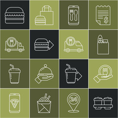 Sticker - Set line Coffee cup to go, Online ordering and delivery, Shopping bag food, burger, Fast by car, Burger and icon. Vector