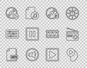 Poster - Set line MP3 file document, Head people with play button, Vinyl disk, Speaker volume, Pause, Play square and Radio antenna icon. Vector