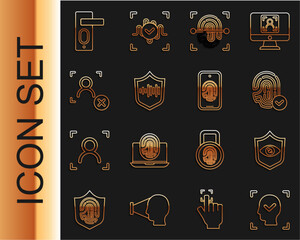 Poster - Set line Face recognition, Shield eye scan, Fingerprint, voice, Rejection face, door lock and Mobile with fingerprint icon. Vector