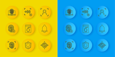 Poster - Set line Fingerprint, Rejection fingerprint, with lock, Eye scan, Motion sensor, Laptop, Face recognition and voice icon. Vector