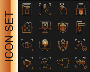 Poster - Set line Voice recognition, Face, Fingerprint door lock, Smart home with face id, and shield icon. Vector