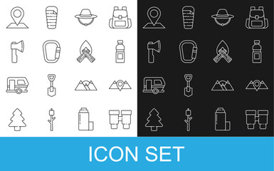 Sticker - Set line Binoculars, Location mountains, Bottle of water, Camping hat, Carabiner, Wooden axe, and Campfire icon. Vector