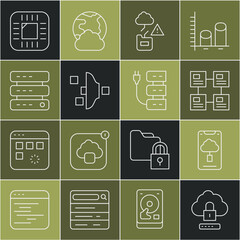 Poster - Set line Cloud computing lock, technology data transfer, Hierarchy organogram chart, Filter setting, Server, Data, Web Hosting, Processor with CPU and icon. Vector