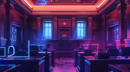 Wall Mural - A digital courtroom where cryptocurrency cases are being judged.