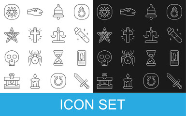 Canvas Print - Set line Medieval sword, Tarot cards, Bottle with potion, Ringing alarm bell, Christian cross, Pentagram, circle and Libra zodiac icon. Vector