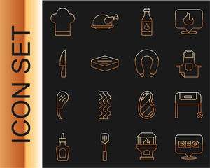 Wall Mural - Set line Barbecue, grill, Kitchen apron, Tabasco sauce, Steak meat, knife, Chef hat and Sausage icon. Vector