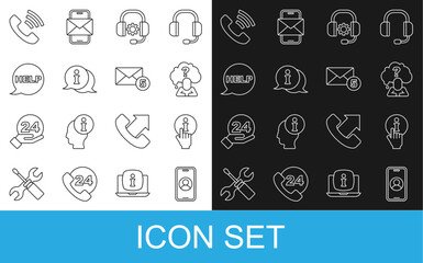 Poster - Set line Telephone 24 hours support, Information, Head with question mark, Headphones, Speech bubble text Help, and New, email incoming message icon. Vector