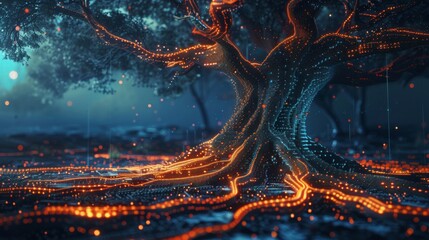 Poster - A digital tree with roots in the form of blockchain links.