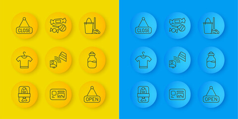 Poster - Set line Fish plastic tray container, T-shirt, POS terminal with credit card, Hanging sign Open, Spice can, Closed, Mop and bucket and Candy icon. Vector