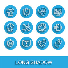 Poster - Set line Telephone 24 hours support, Monitor with FAQ information, Speech bubble chat, Information, Screwdriver and wrench spanner, and Lifebuoy icon. Vector