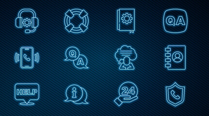 Poster - Set line Telephone 24 hours support, Address book, User manual, Question and Answer, Headphones, Speech bubble chat and Lifebuoy icon. Vector