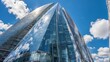 Looking up at a modern financial building, its glass facade gleaming under a bright blue sky, embodying bustling business activities Generative AI