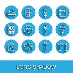 Poster - Set line Picture, Palette, Protractor, Paint brush, Exhibition of paintings, RGB and CMYK color mixing, and knife icon. Vector