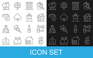 Poster - Set line Shelter for homeless, Reception of glass bottles, Homeless cardboard house, Multi storey building, Cloud with rain, Donation food, Ruined and Trash can icon. Vector