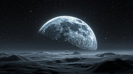 Poster - Realistic photo. Mountain view, in wilderness, look from high, beautiful sky night with lighting moon 