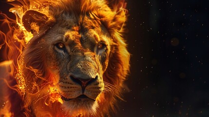 Wall Mural - fierce predator lion with glowing eyes in detailed closeup portrait, danger concept with vfx effect on dark background