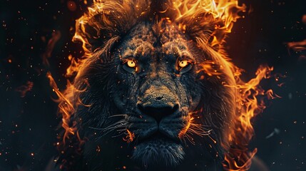 majestic lion king in fiery portrait with glowing eyes, intense wildlife concept isolated on black background with copy space