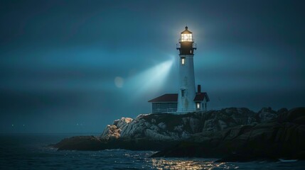 Wall Mural - A lighthouse shining a beam over dark waters, guiding ships labeled as 