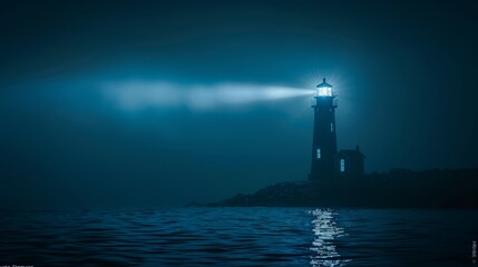 Wall Mural - A lighthouse shining a beam over dark waters, guiding ships labeled as 