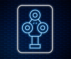 Poster - Glowing neon line 3D scanner icon isolated on brick wall background. Vector