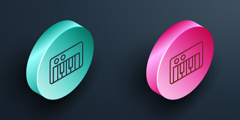 Poster - Isometric line Music synthesizer icon isolated on black background. Electronic piano. Turquoise and pink circle button. Vector