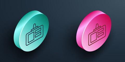 Poster - Isometric line Identification badge icon isolated on black background. It can be used for presentation, identity of the company, advertising. Turquoise and pink circle button. Vector