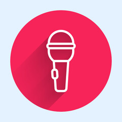 Poster - White line Microphone icon isolated with long shadow background. On air radio mic microphone. Speaker sign. Red circle button. Vector