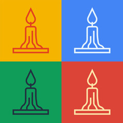 Wall Mural - Pop art line Burning candle in candlestick icon isolated on color background. Cylindrical candle stick with burning flame. Vector