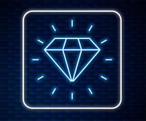 Wall Mural - Glowing neon line Diamond icon isolated on brick wall background. Jewelry symbol. Gem stone. Vector